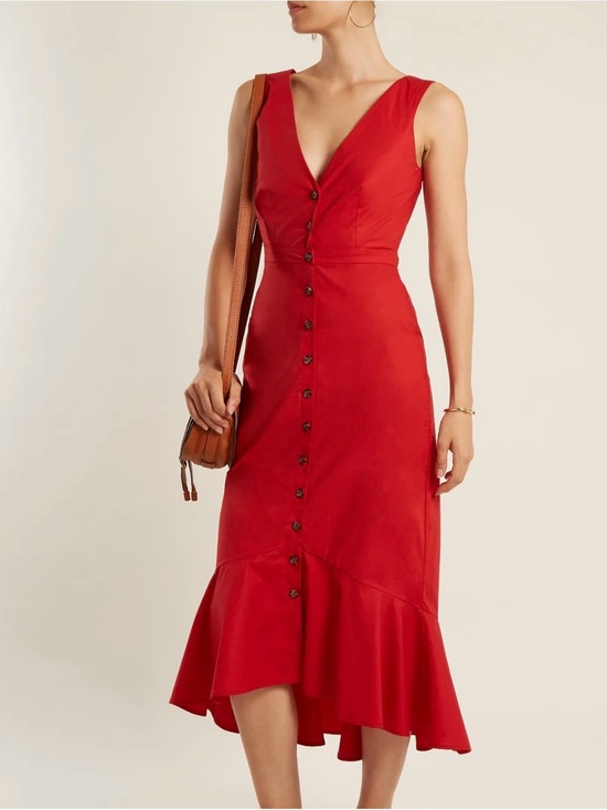 SALONI Dresses & Skirts - SALONI Zoey Cut Out Cotton Poplin Midi Dress Fluted Hem Red Button Down V Neck 4